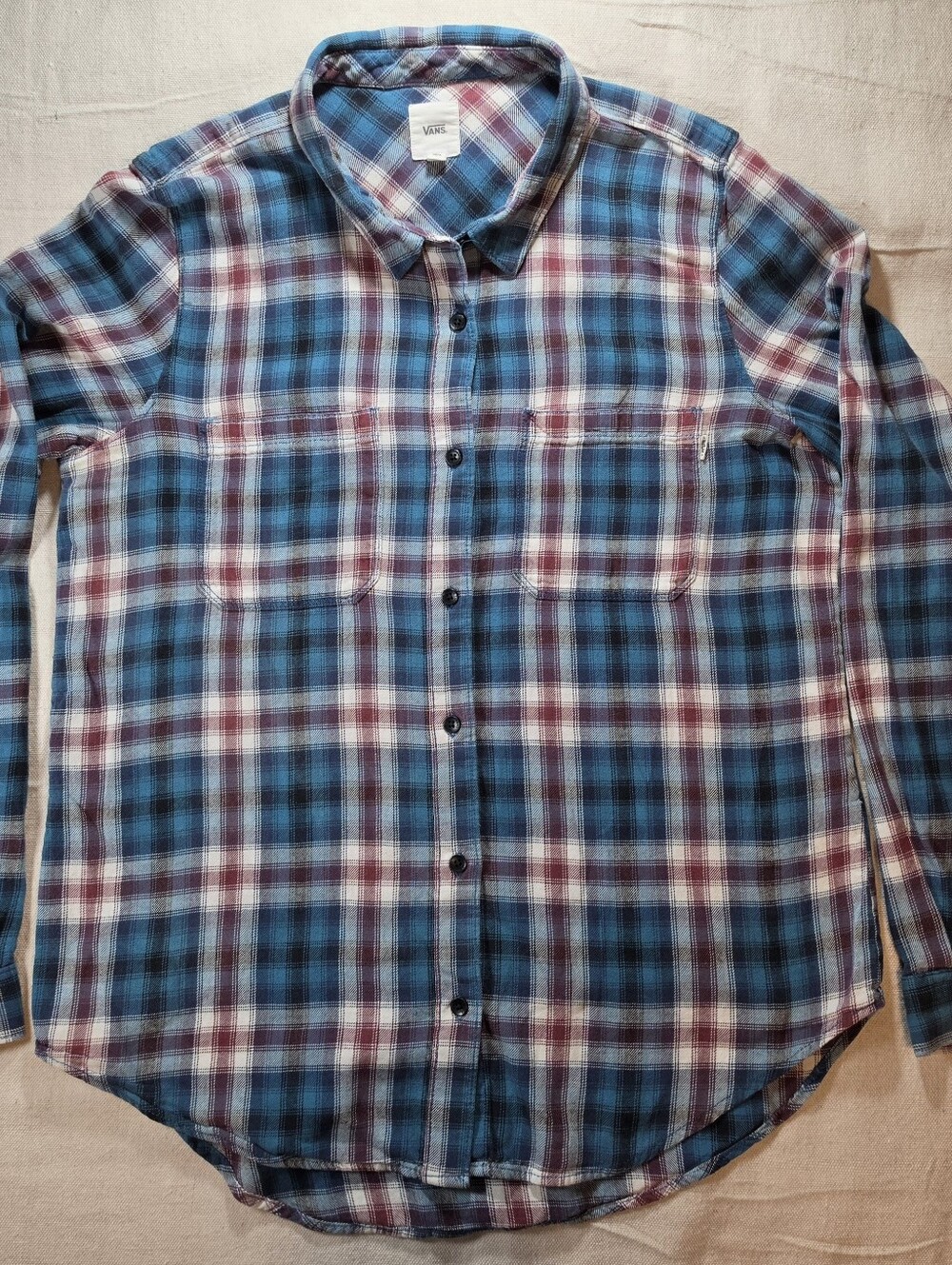 Vans Men's Blue and Burgundy Plaid Button-Up Shirt